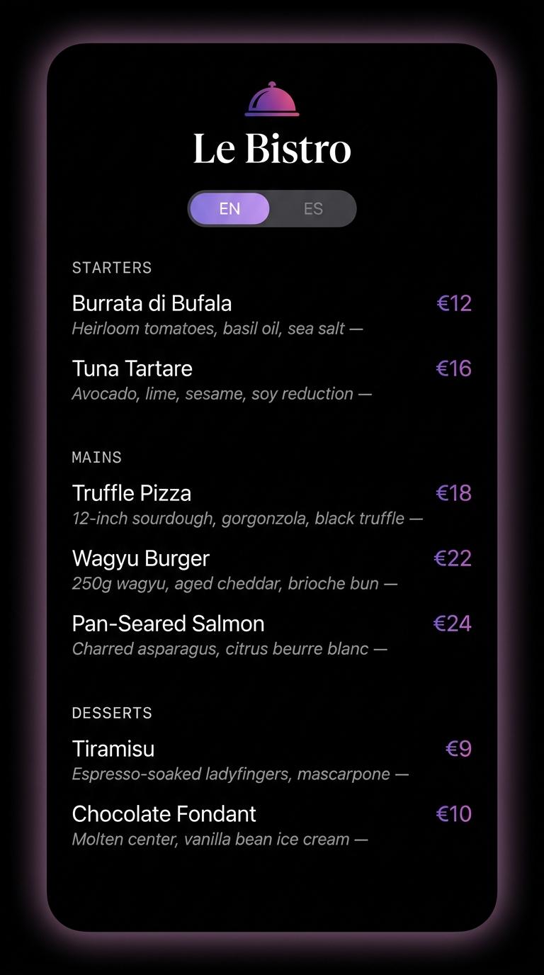 Hesett menu in English